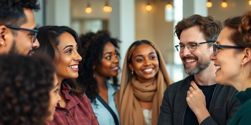 Group of people listening attentively in a conversation.