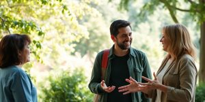 Two people talking in a peaceful outdoor setting.
