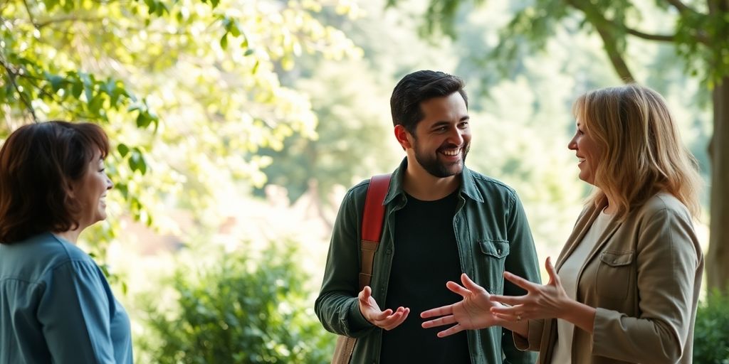 Two people talking in a peaceful outdoor setting.