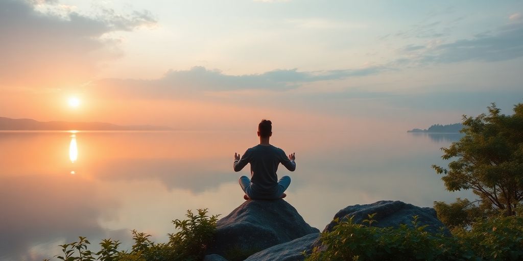 Person meditating by a tranquil lake at sunrise.