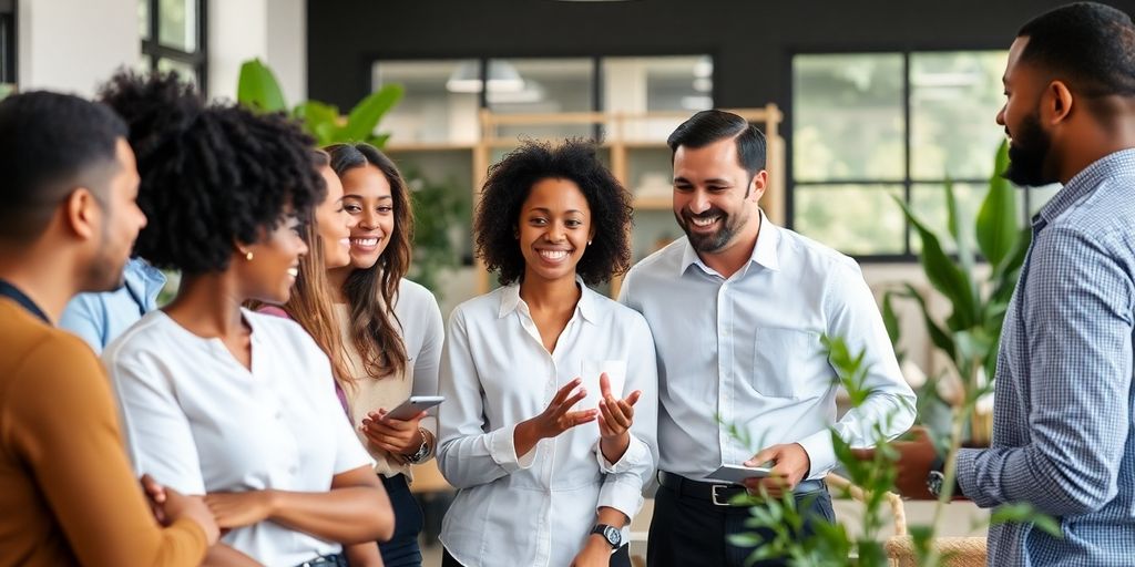 Diverse team collaborating in a bright, welcoming office environment.