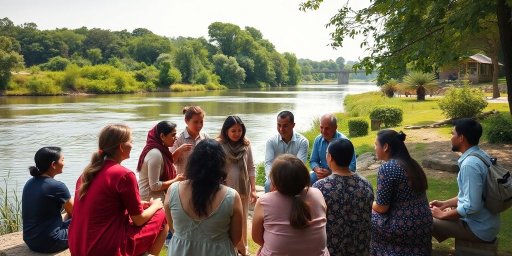 Group of people in discussion by a peaceful river.