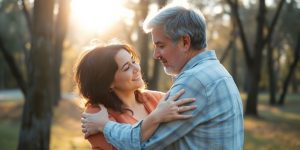 Two people embracing in a peaceful, natural setting.