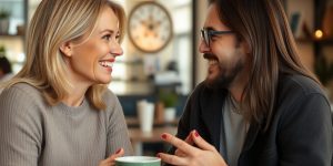 Two people smiling and talking in a coffee shop.