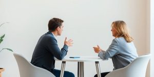 Two people engaged in peaceful mediation at a table.