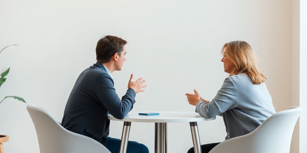 Two people engaged in peaceful mediation at a table.
